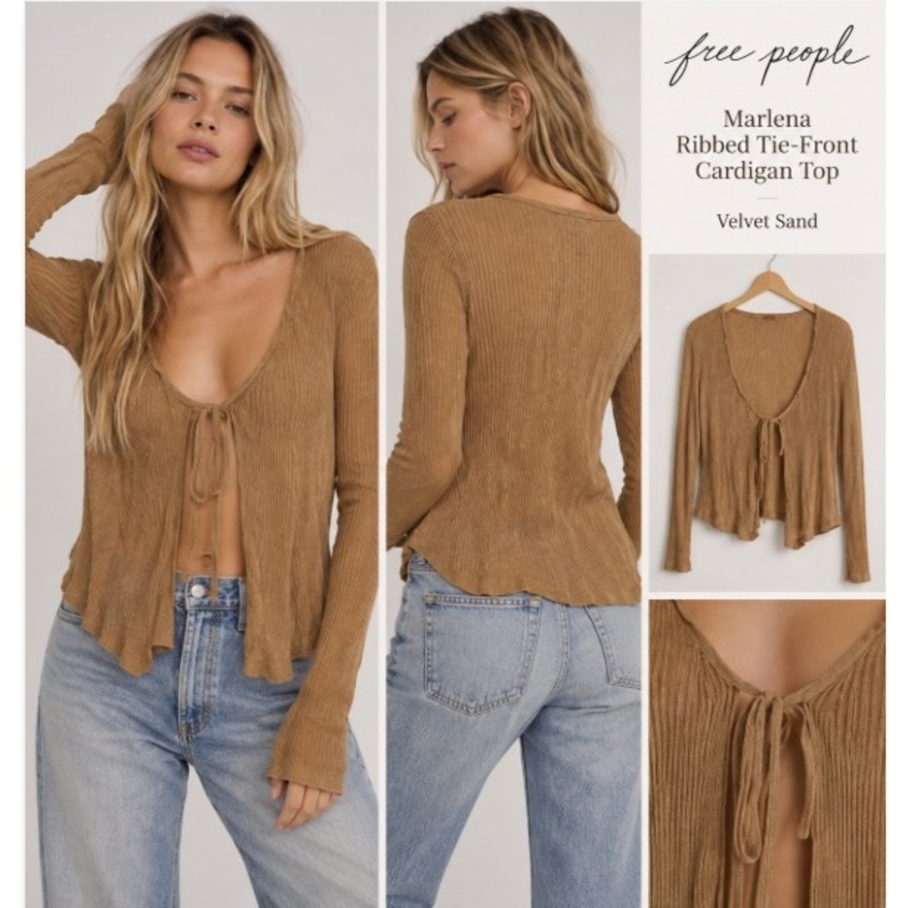 Free People Marlena Ribbed Tie-Front Cardigan Top Velvet Sand Large